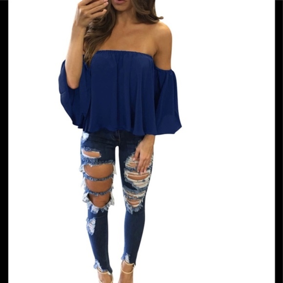 Boutique Tops - Off the Shoulder Chiffon Long Sleeve Blouse Blue